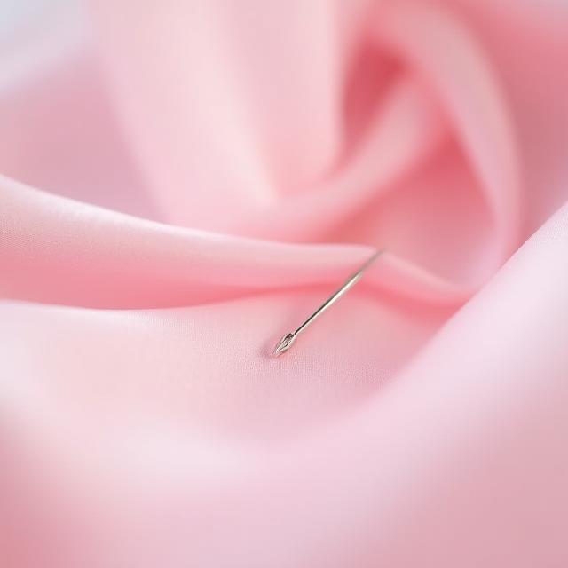 Primer plano de una aguja cosiendo tela de seda rosa
