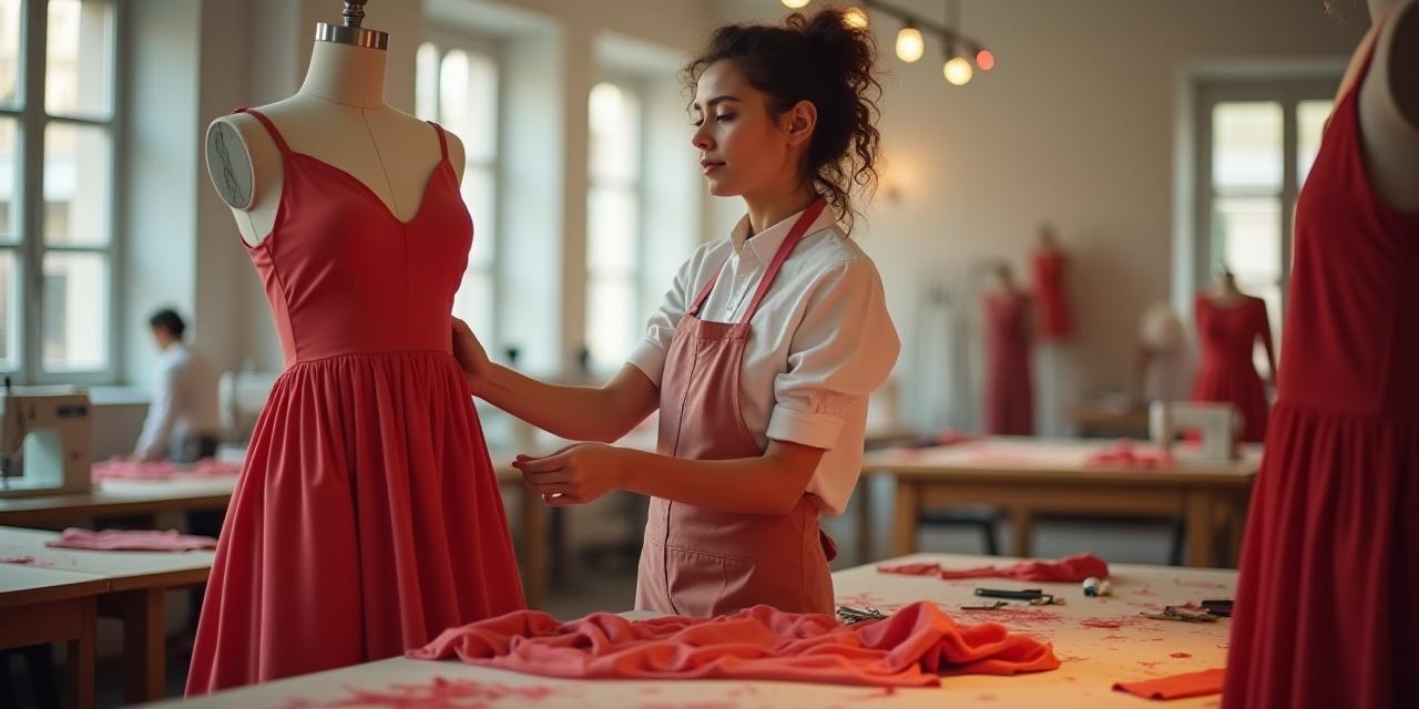 Costurera ajustando un vestido en el taller de Barcelona