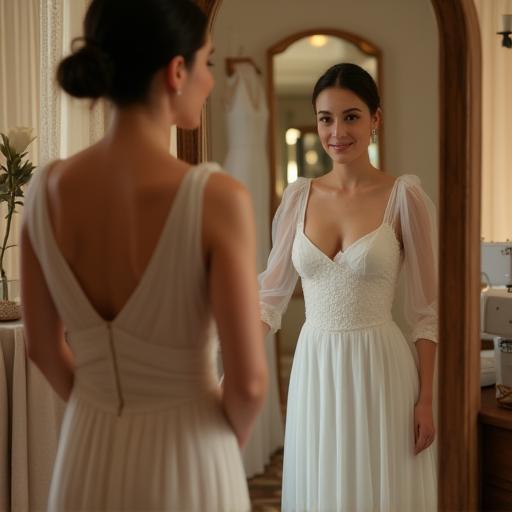 Cliente probándose un vestido ante espejo