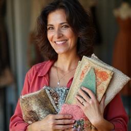 Paula mostrando muestras de tela